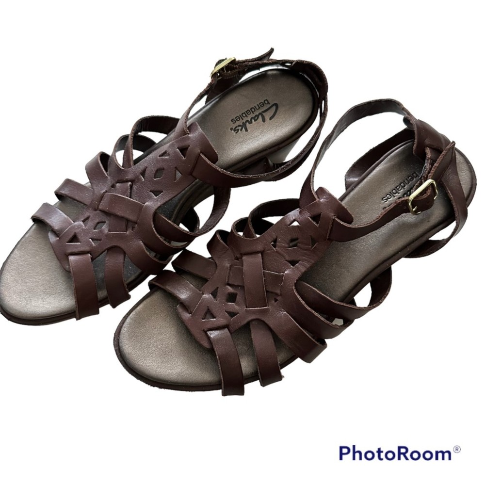 Clarks Bendables Brown Leather Ankle Strap‎ Gladiator Ladies Sandals, 9M